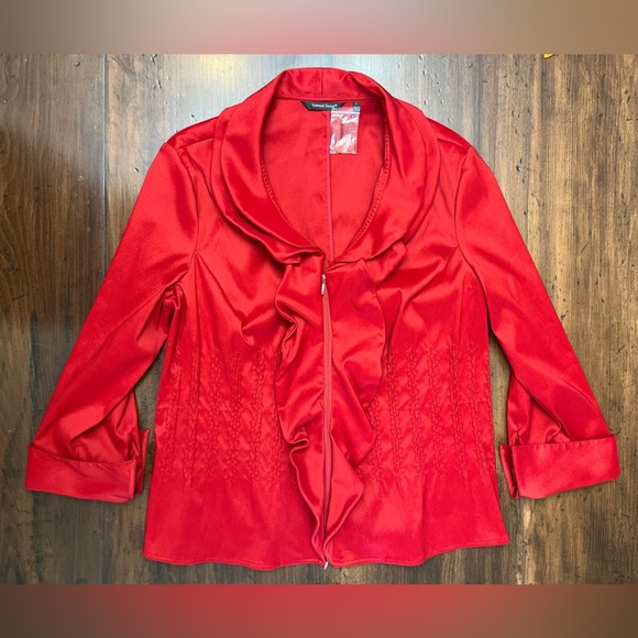 Samuel Dong Ruffle Blouse Jacket Size Large Red Classy Satin Zip Business NWOT - Picture 2 of 14